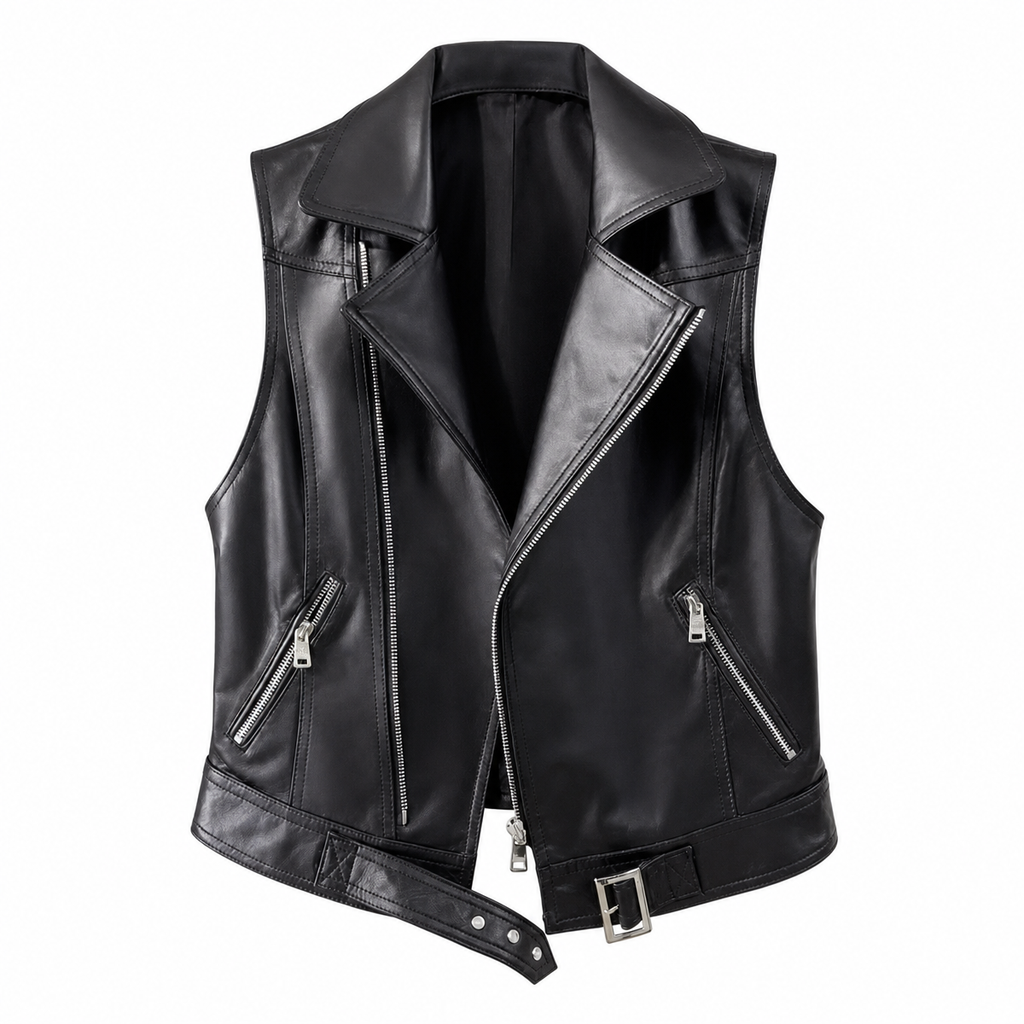 Women's Black Leather Biker Vest