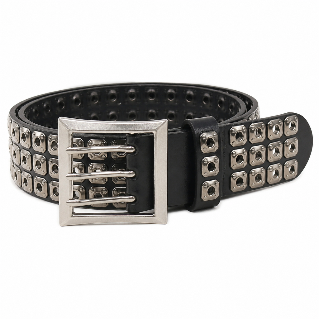 Grunge Studded Split-Leather Belt with Three-Pin Buckle