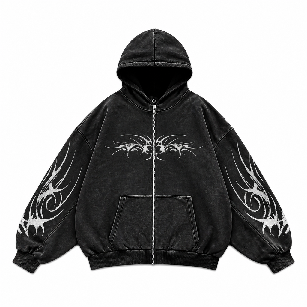 Grunge Geometric Print Hooded Zip Hoodie