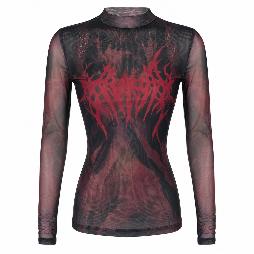 Women's Gothic Sheer Mesh Long-Sleeve Top with Red Graphic Print