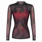 Women's Gothic Sheer Mesh Long-Sleeve Top with Red Graphic Print