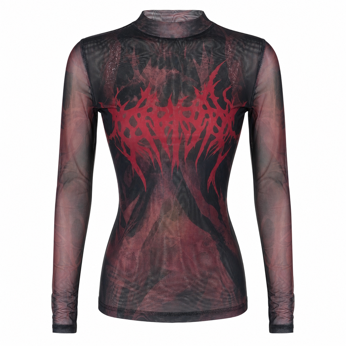 Women's Gothic Sheer Mesh Long-Sleeve Top with Red Graphic Print