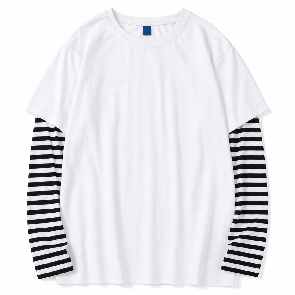 Men's Black and White Striped Layered Long-Sleeve T-Shirt