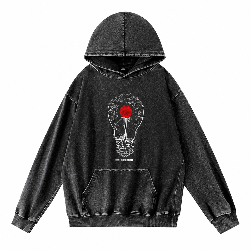 Grunge Acid-Washed Black Cotton Pullover Hoodie