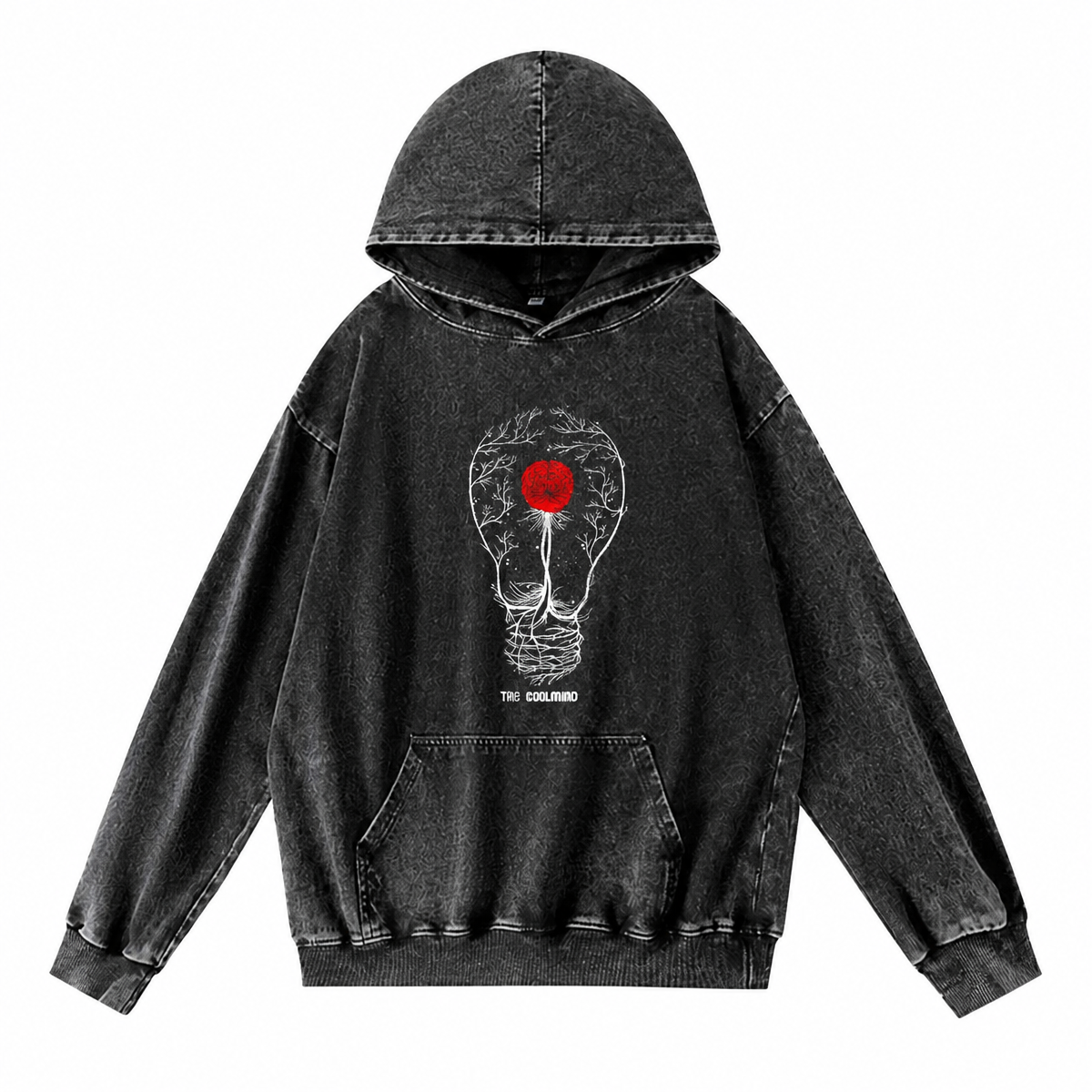 Grunge Acid-Washed Black Cotton Pullover Hoodie