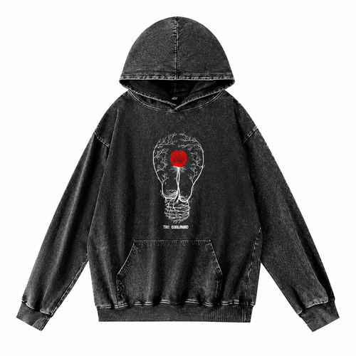 Grunge Acid-Washed Black Cotton Pullover Hoodie