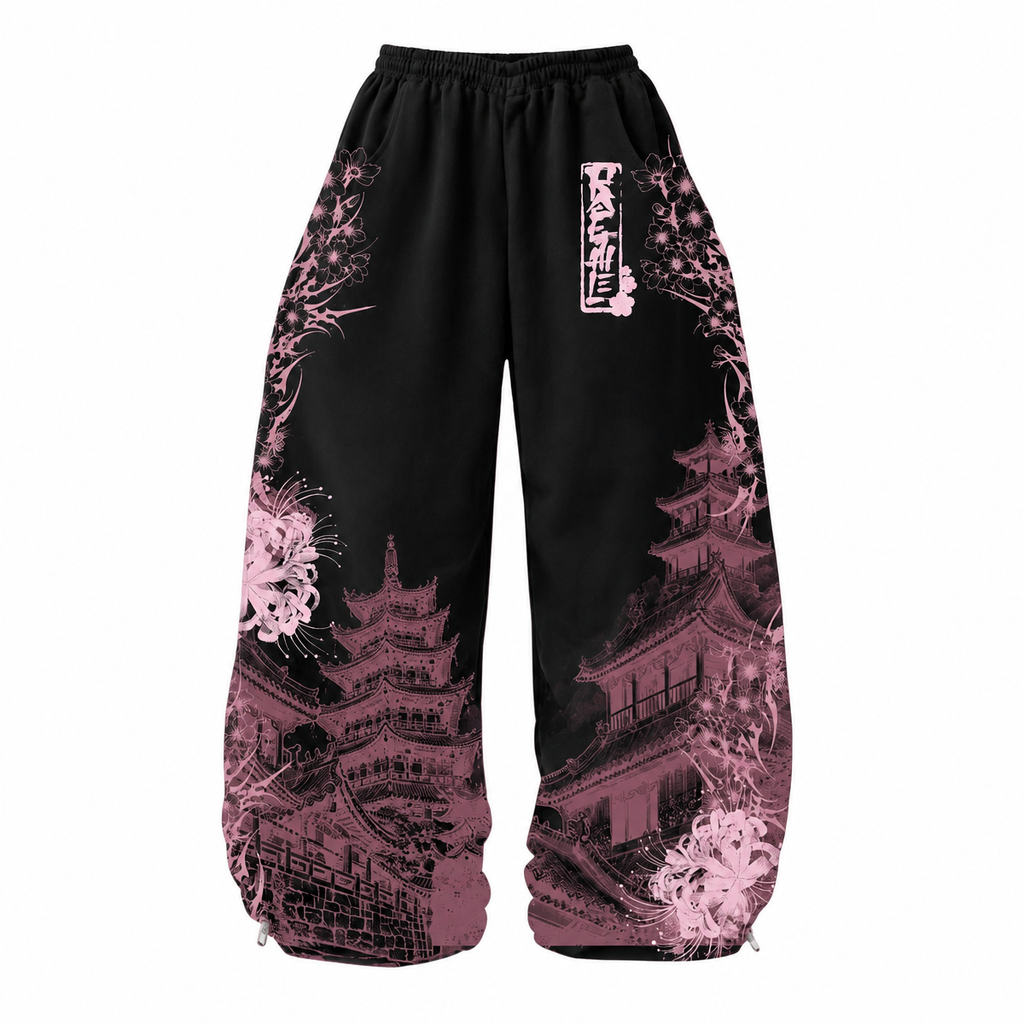 Black Wide-Leg Pants with Pink Japanese-Inspired Floral and Pagoda Print