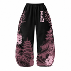 Black Wide-Leg Pants with Pink Japanese-Inspired Floral and Pagoda Print