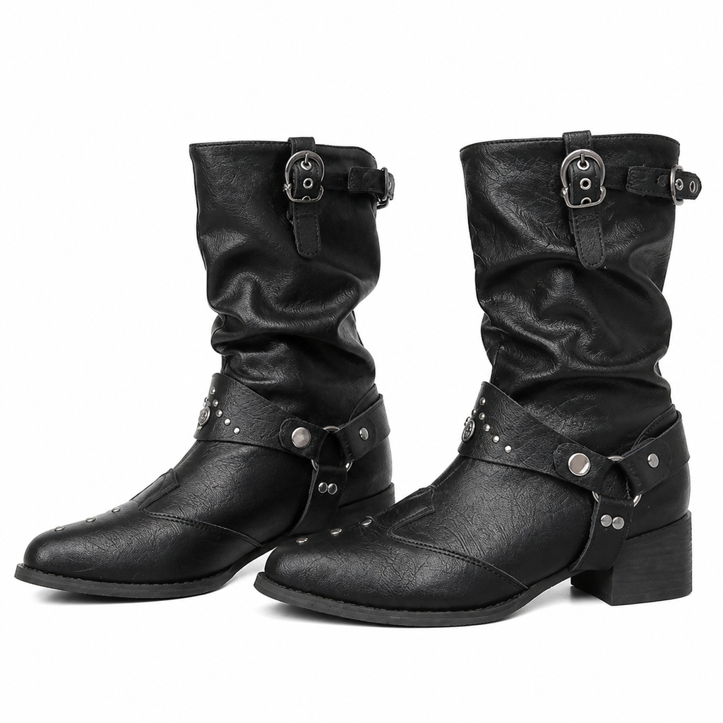 Grunge Black Mid-Calf Buckle Boots with Pointed Toe