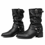 Grunge Black Mid-Calf Buckle Boots with Pointed Toe