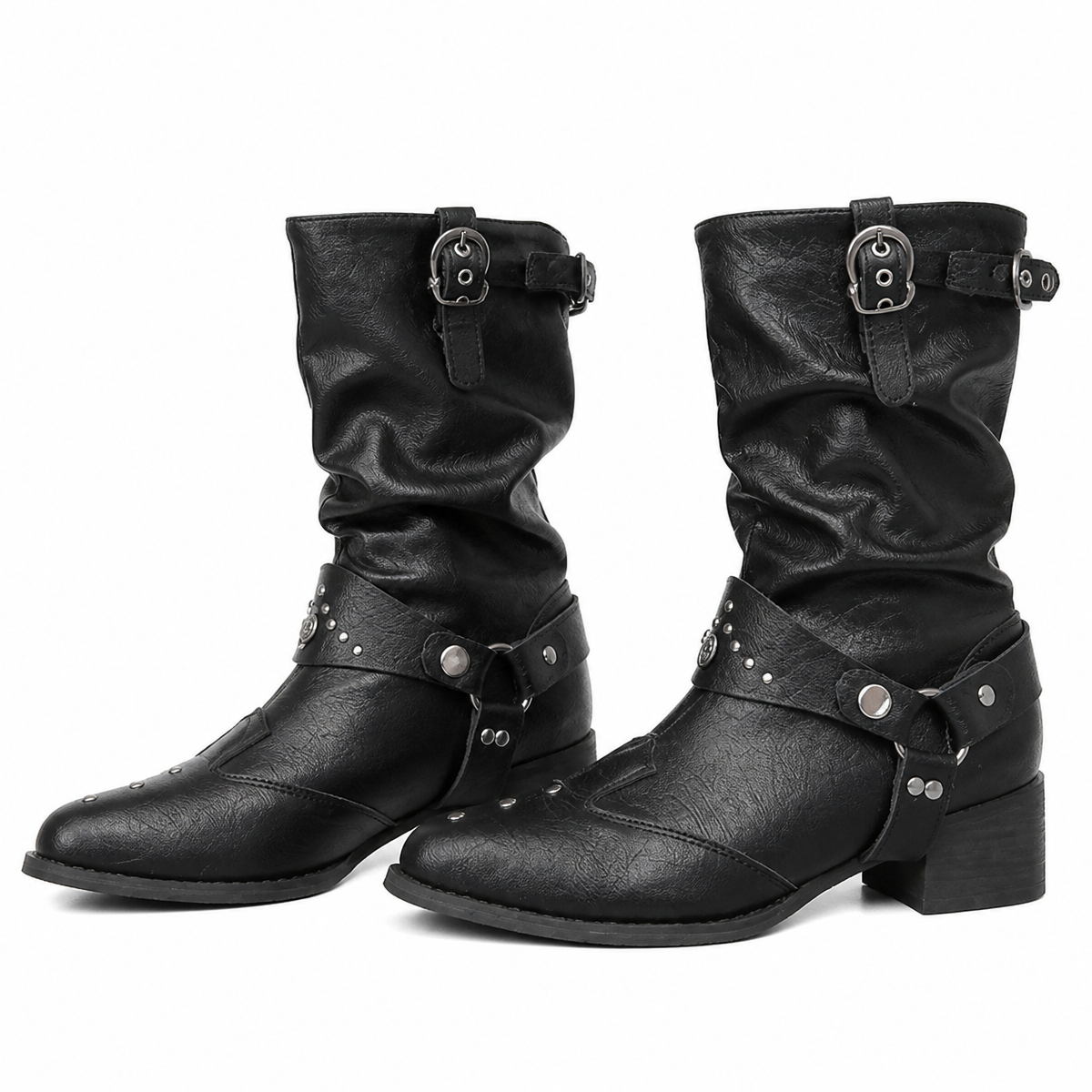 Grunge Black Mid-Calf Buckle Boots with Pointed Toe