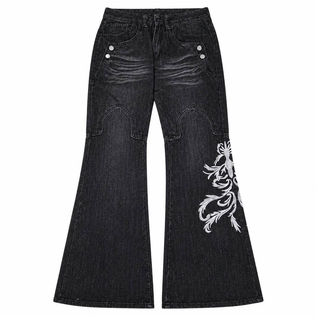 Grunge Black Embroidered Wide-Leg Jeans