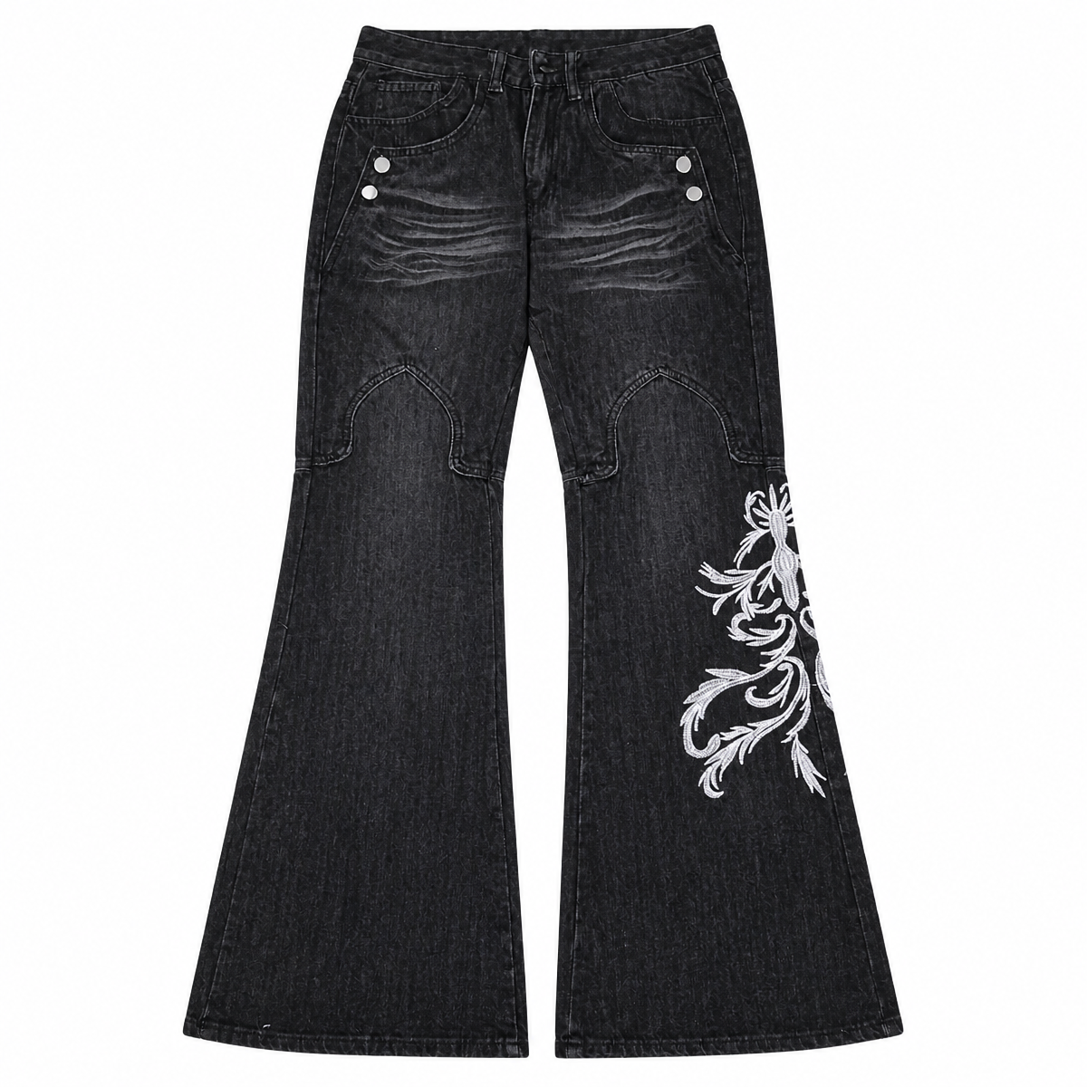 Grunge Black Embroidered Wide-Leg Jeans
