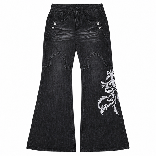 Grunge Black Embroidered Wide-Leg Jeans