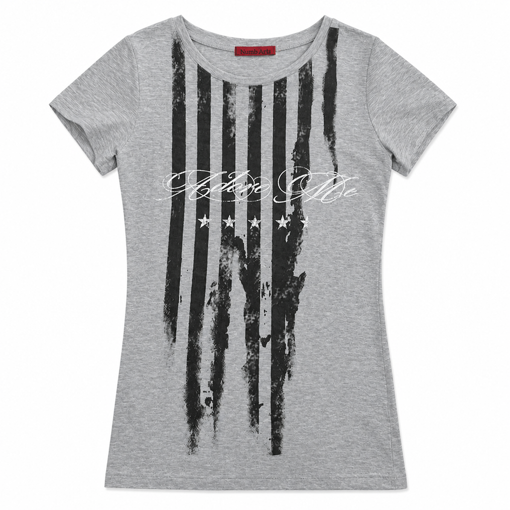 Grunge Striped Letter Print T-Shirt - Gray