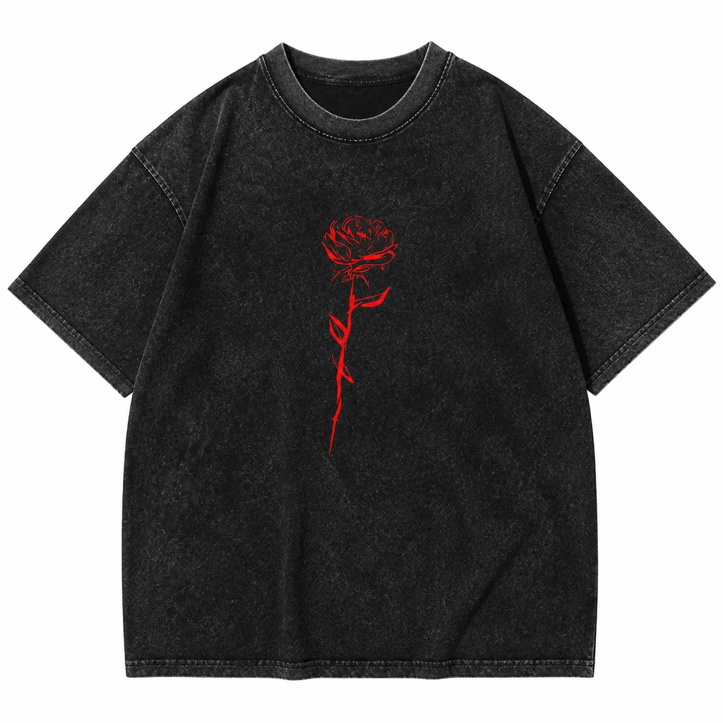 Grunge Washed Black Cotton T-Shirt with Red Rose Print