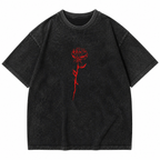 Grunge Washed Black Cotton T-Shirt with Red Rose Print