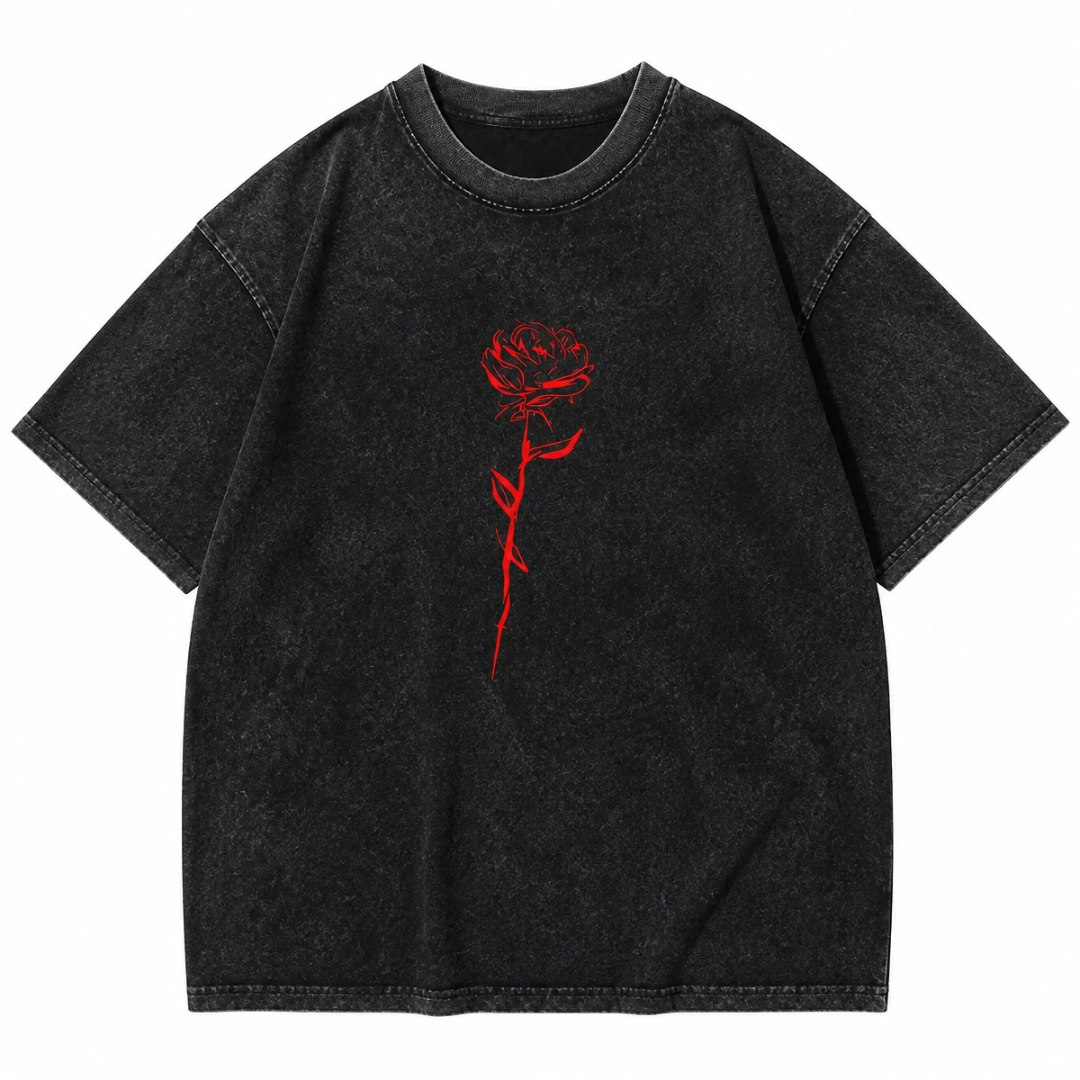 Grunge Washed Black Cotton T-Shirt with Red Rose Print