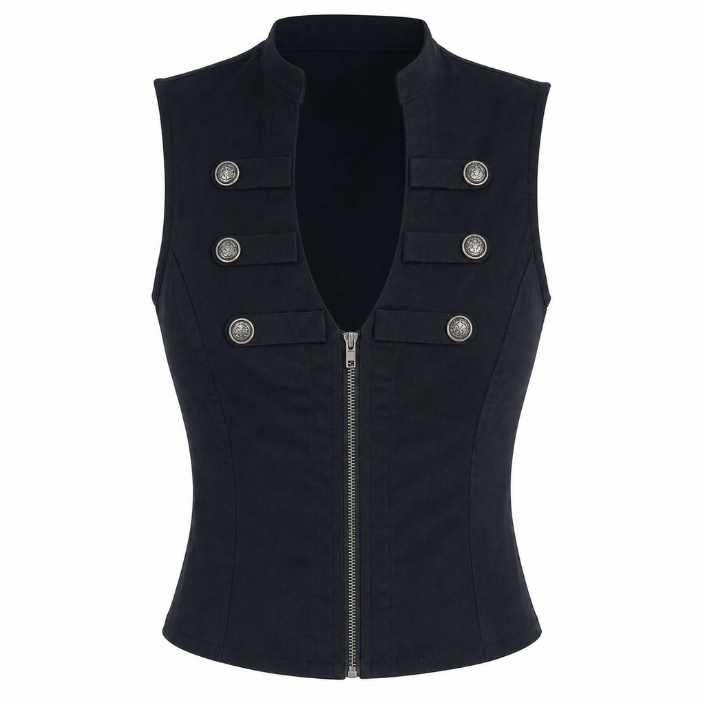 Black Gothic Sleeveless Zip-Front Vest Top