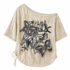 Women's Beige Butterfly Patchwork Graphic Off-Shoulder T-Shirt