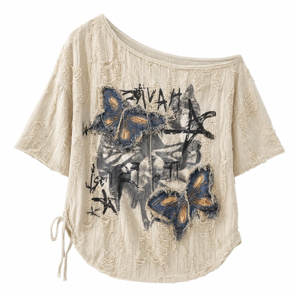 Women's Beige Butterfly Patchwork Graphic Off-Shoulder T-Shirt