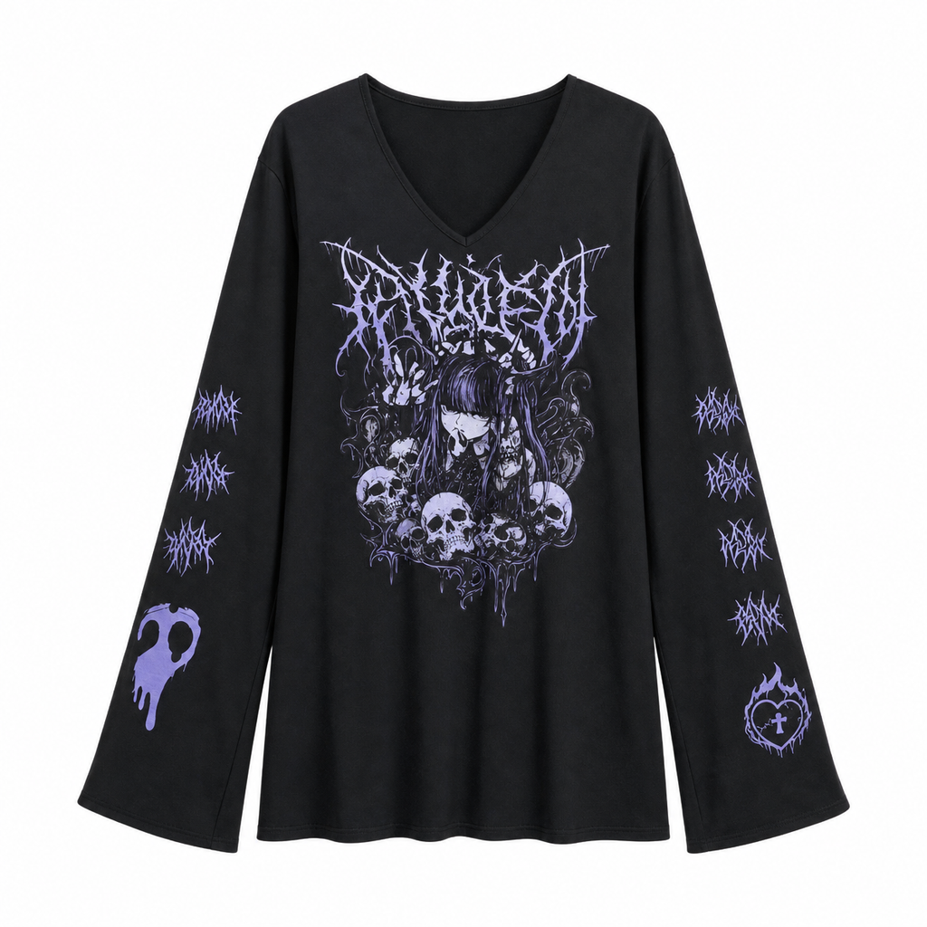 Black Gothic Graphic Long-Sleeve Tunic Top