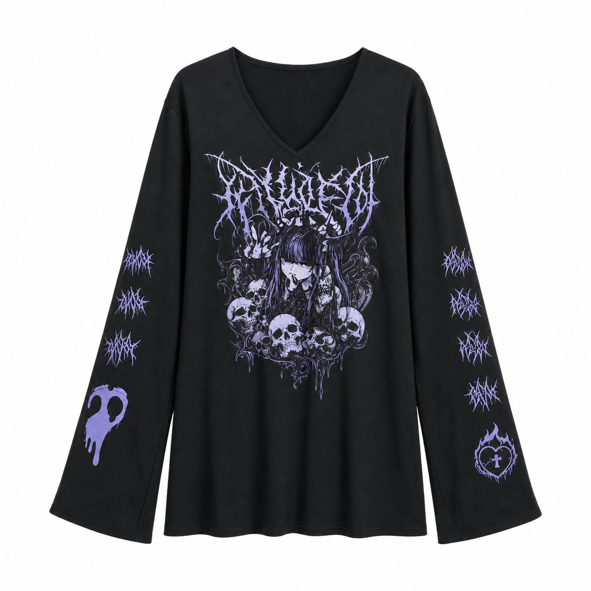 Black Gothic Graphic Long-Sleeve Tunic Top