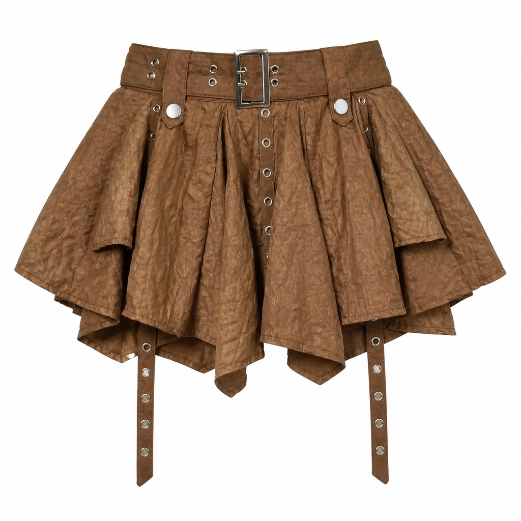 Grunge Pleated Layered Mini Skirt with Belt and Studded Straps