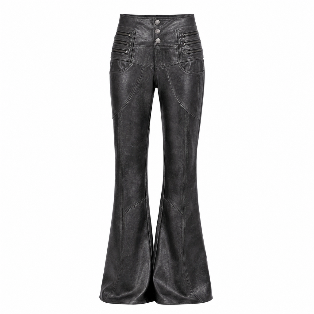 Black-Gray Faux Leather High-Waist Flare Pants
