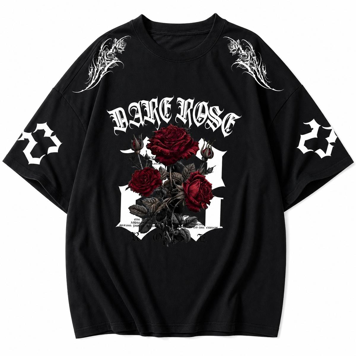 Black Oversized Graphic T-Shirt with Rose Print