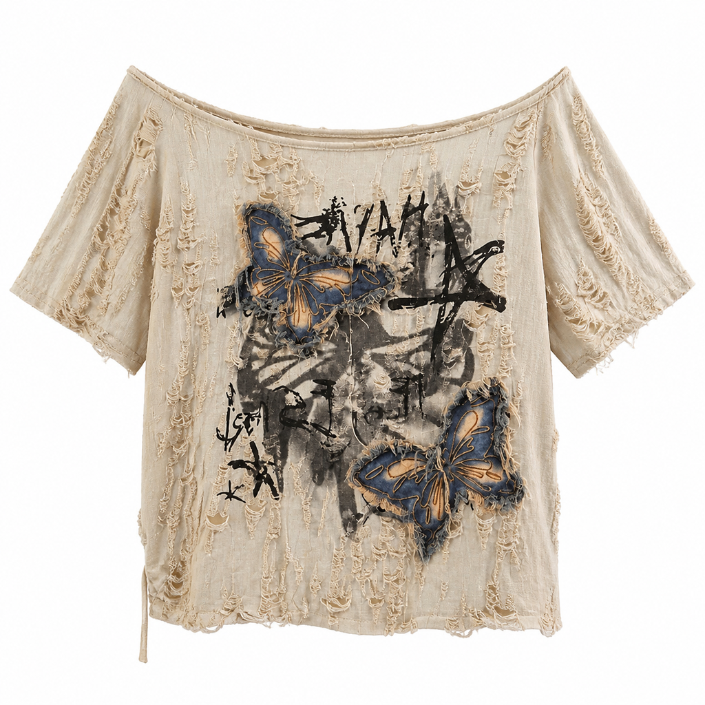 Grunge Butterfly Patchwork Distressed Off-Shoulder T-Shirt
