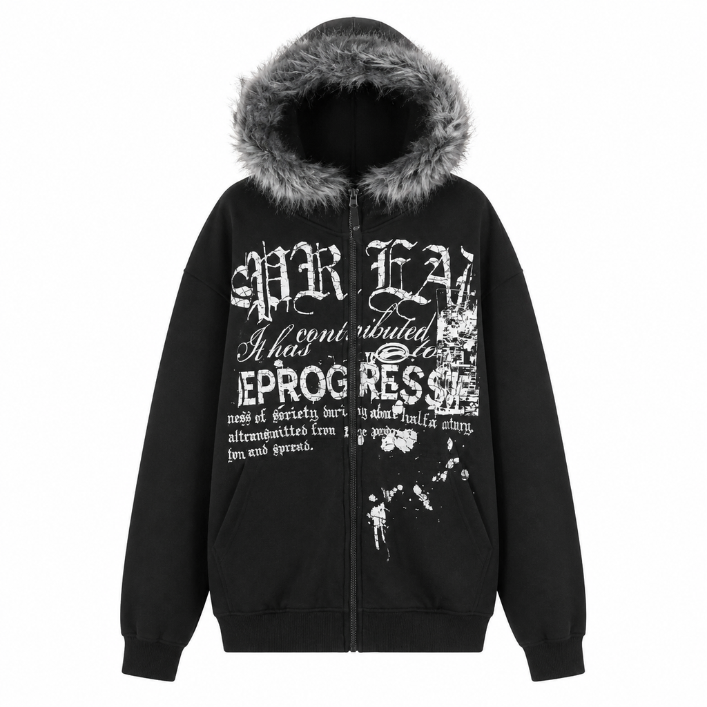 Grunge Hooded Zip-Up Sweatshirt with Faux-Fur Trim