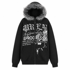 Grunge Hooded Zip-Up Sweatshirt with Faux-Fur Trim