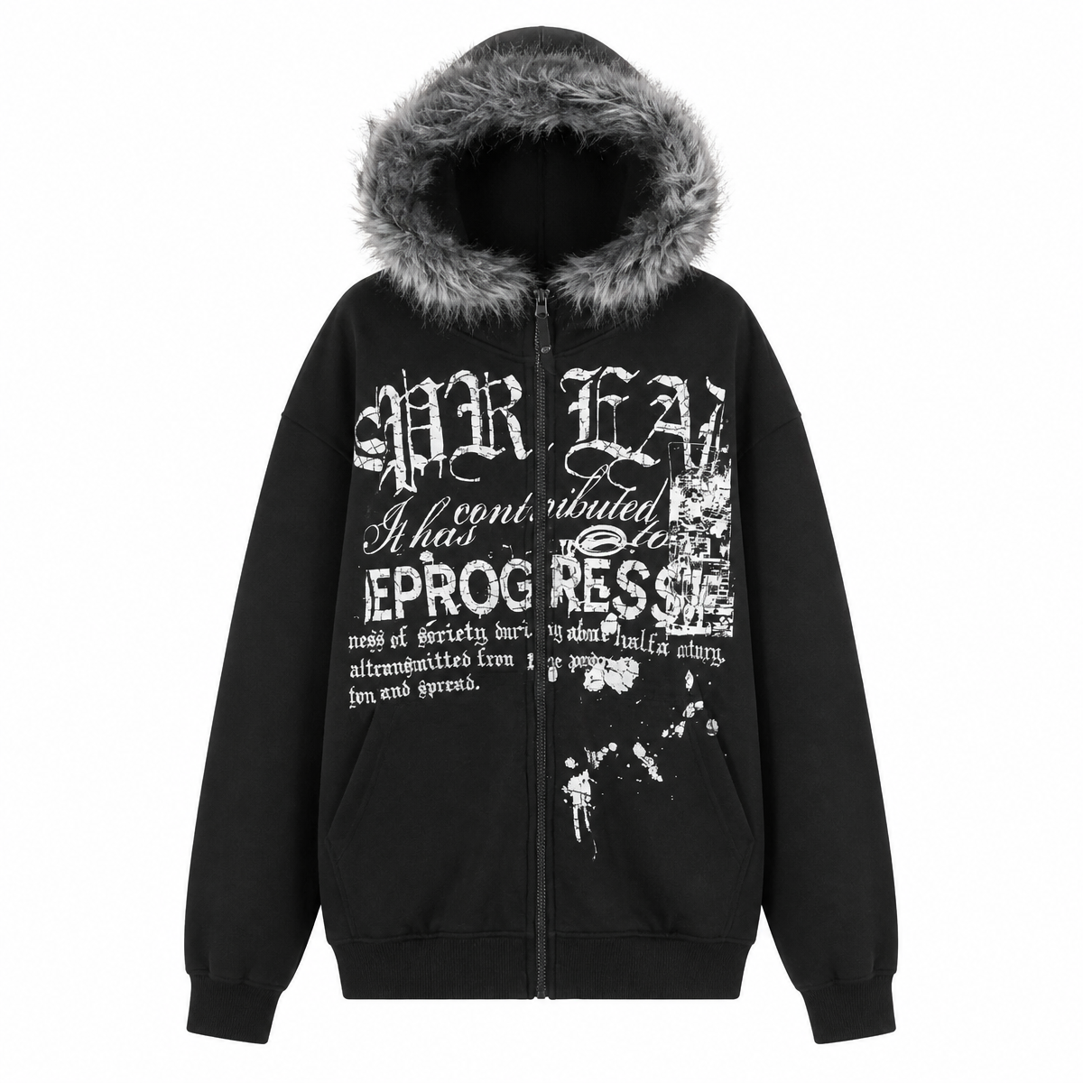 Grunge Hooded Zip-Up Sweatshirt with Faux-Fur Trim
