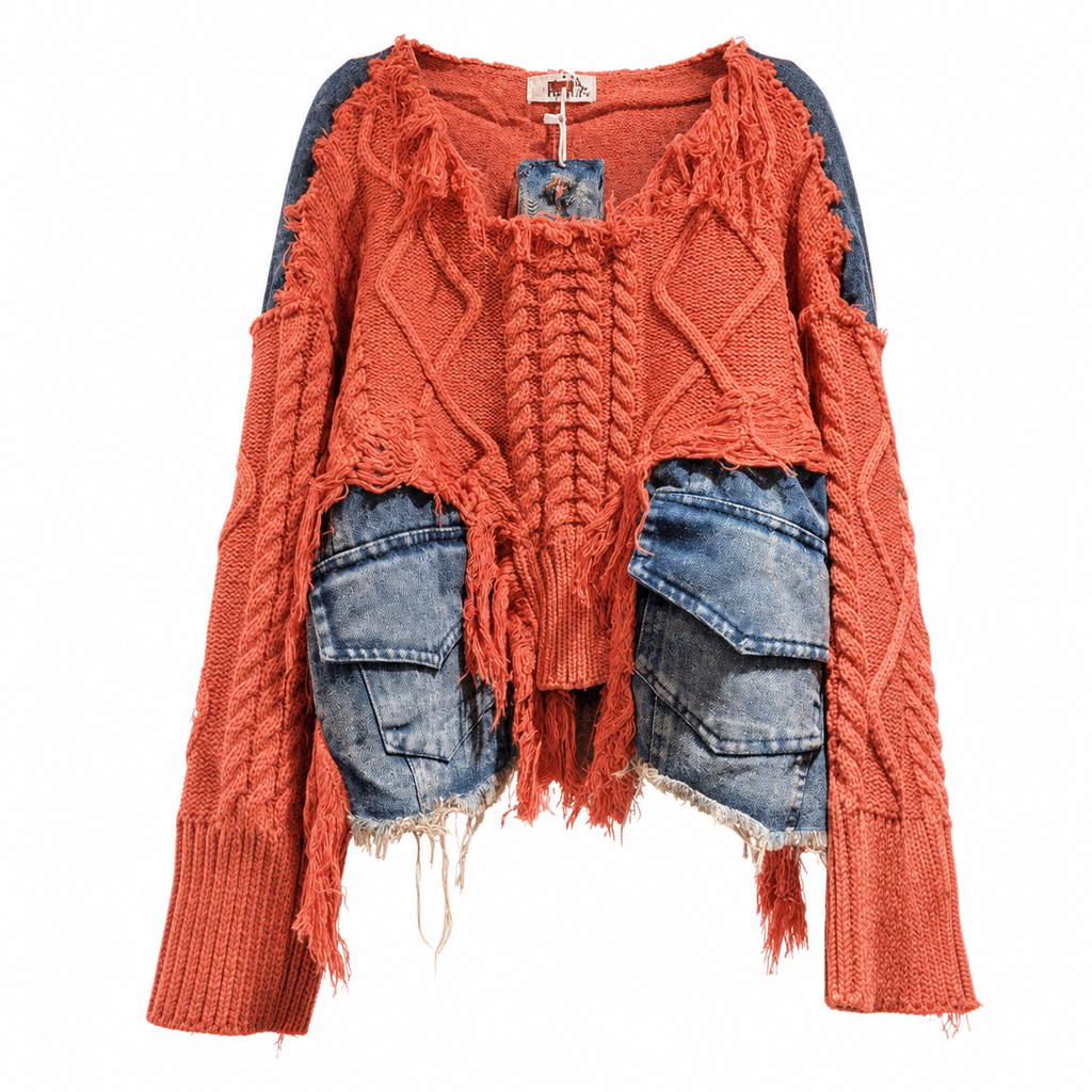 Women’s Patchwork Cable-Knit Pullover Sweater with Pockets