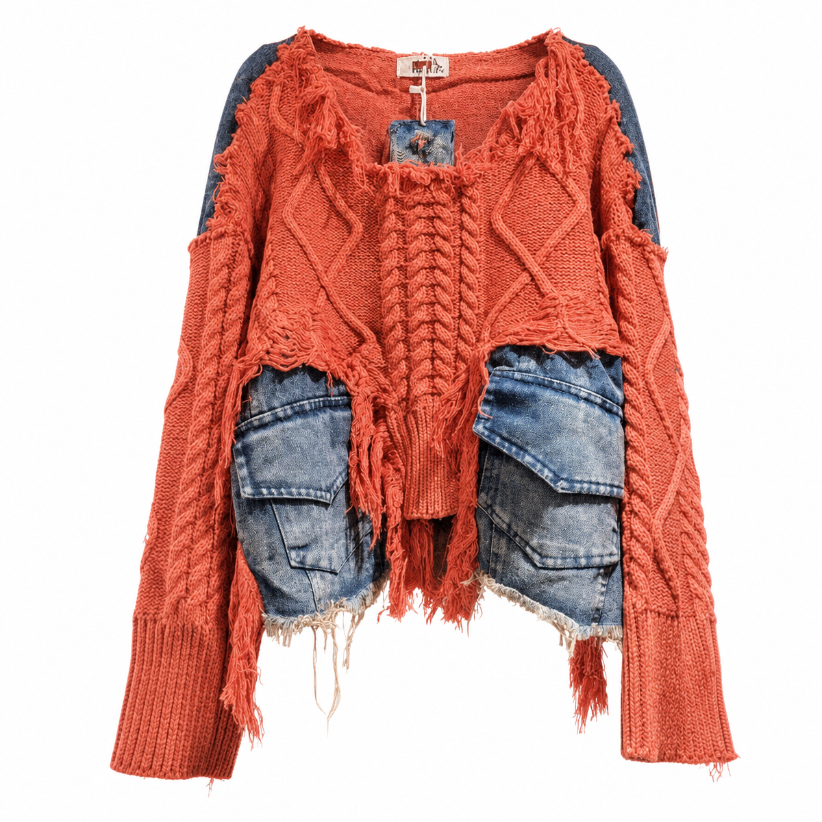Women’s Patchwork Cable-Knit Pullover Sweater with Pockets
