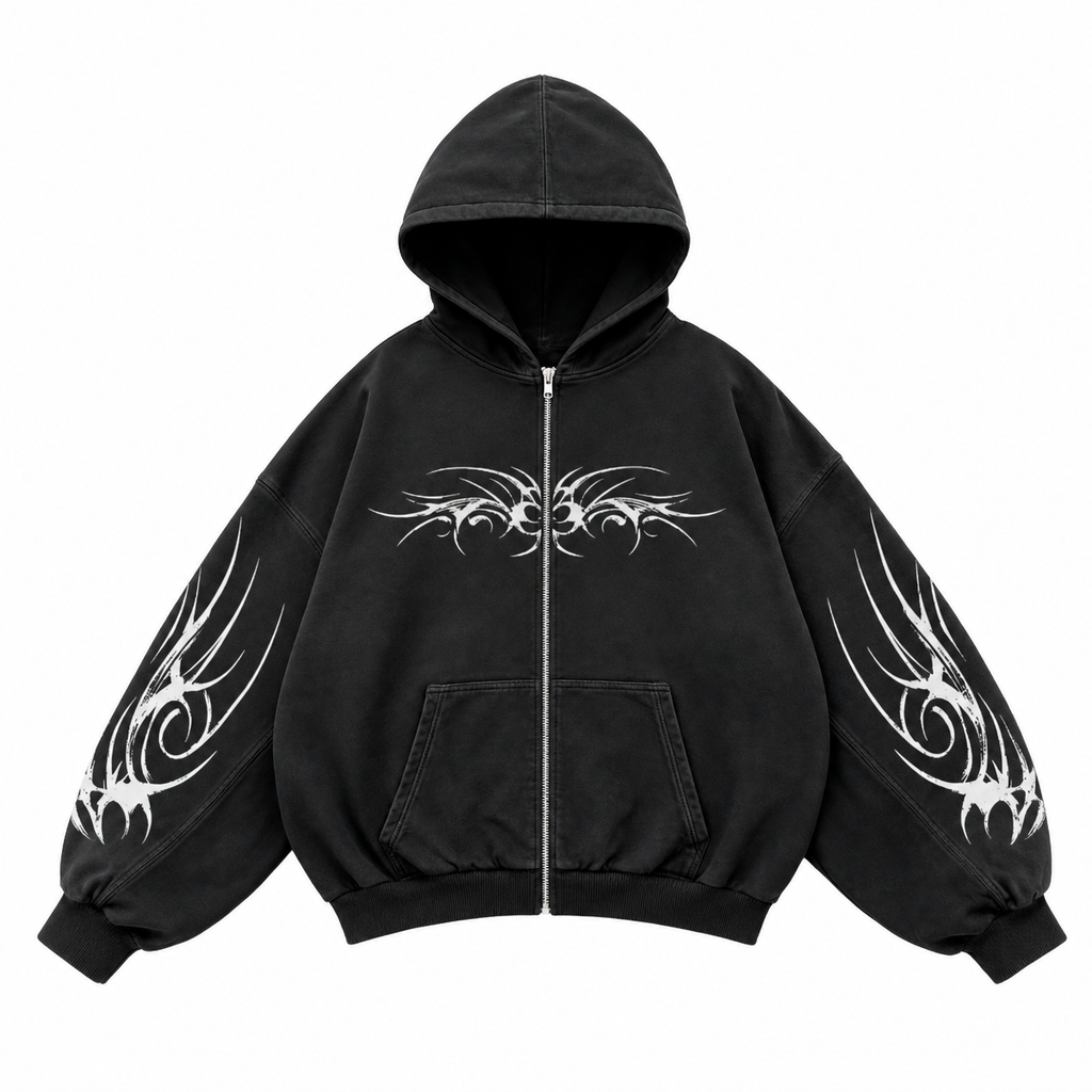 Women's Black Tribal Print Zip-Up Hoodie