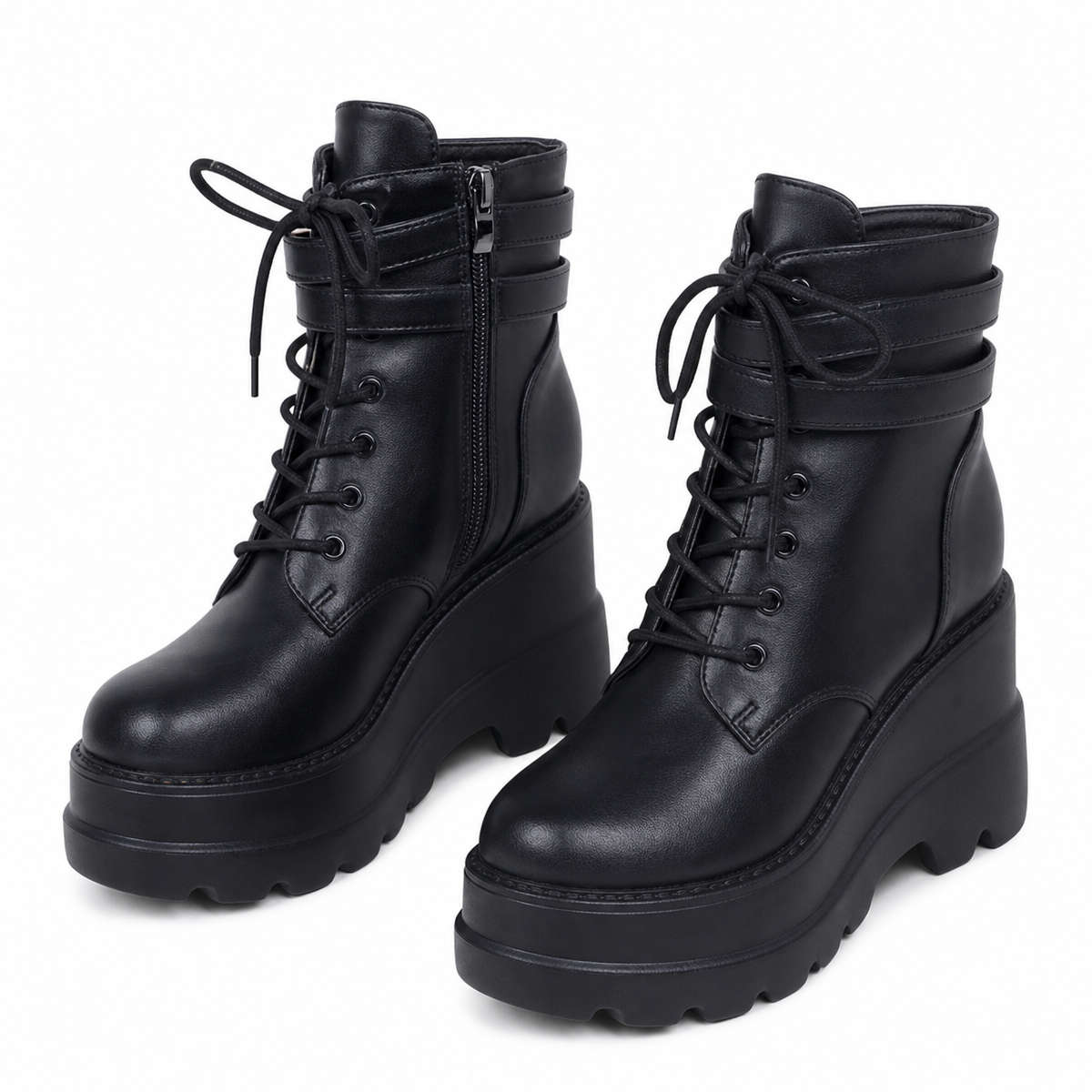 Black Women's Platform Ankle Boots with Lace-Up Front