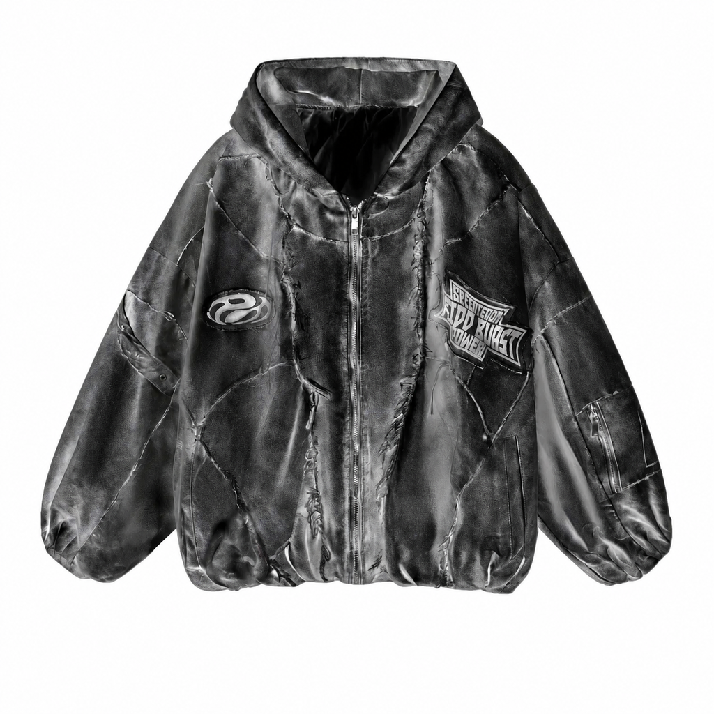 Men's Black Hooded Zip Jacket with Graphic Patches
