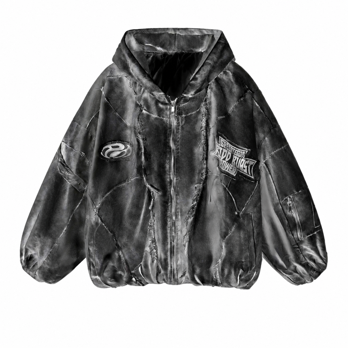 Men's Black Hooded Zip Jacket with Graphic Patches
