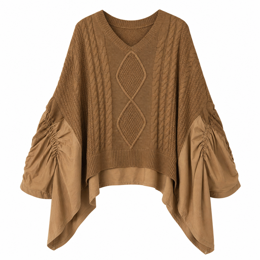Women's Brown Cable-Knit Patchwork V-Neck Sweater