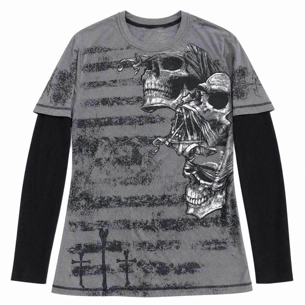 Women's Gray Skull Graphic Long-Sleeve Top