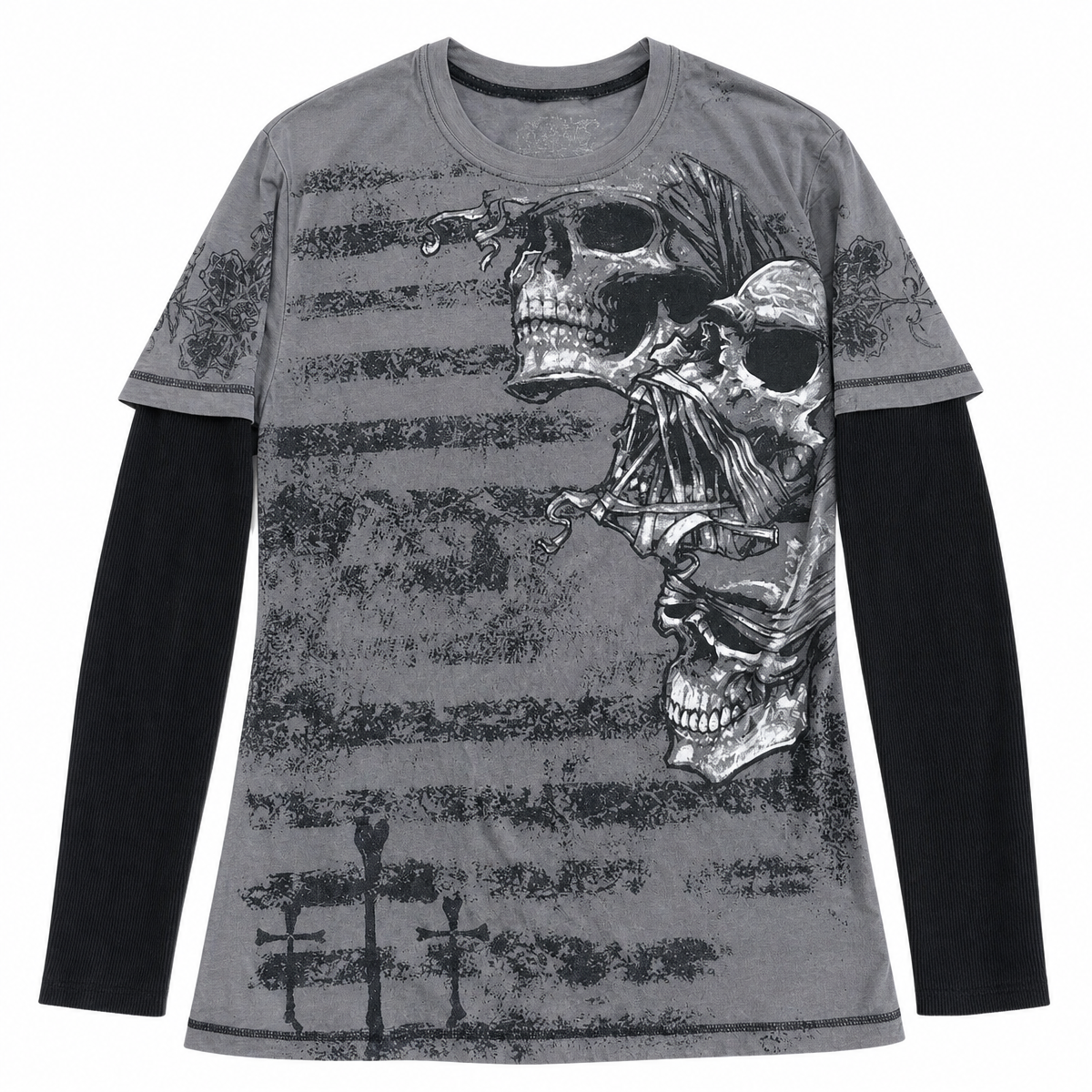 Women's Gray Skull Graphic Long-Sleeve Top