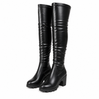 Women's Black PU Over-the-Knee Stretch Boots with Square Heel