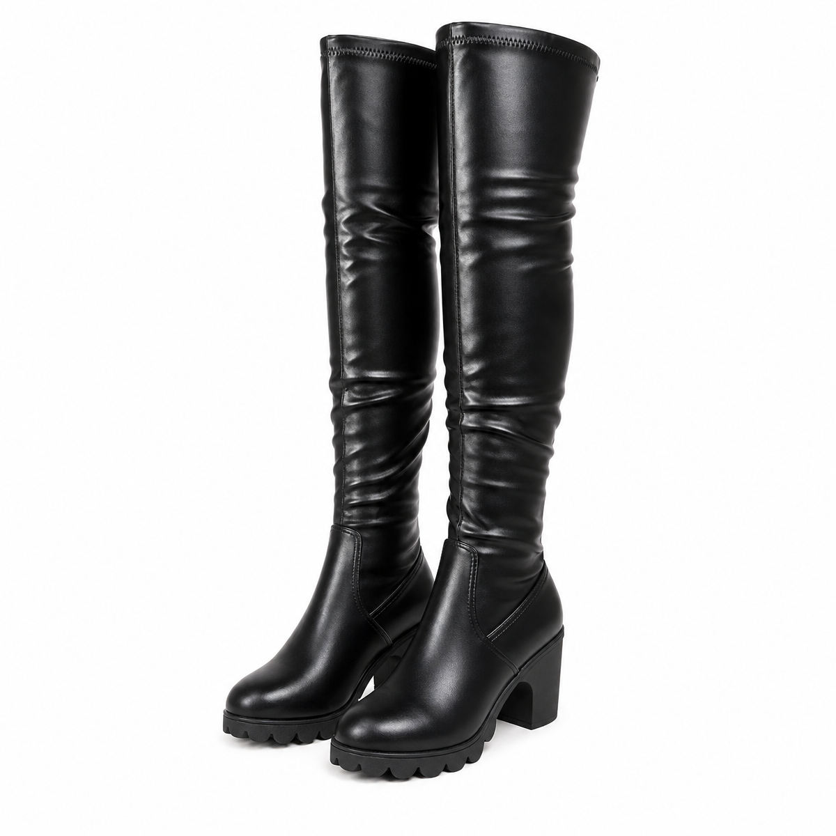 Women's Black PU Over-the-Knee Stretch Boots with Square Heel
