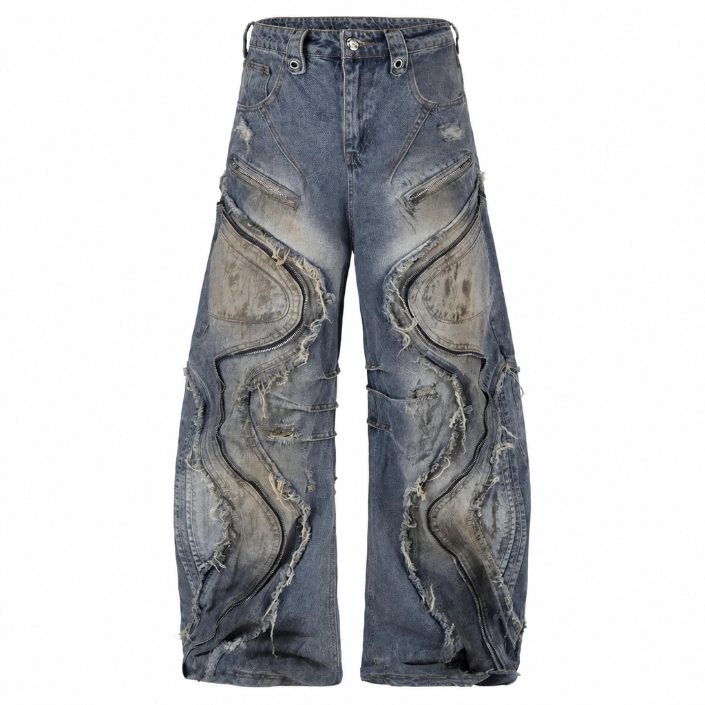 Grunge Distressed Wide-Leg Cargo Jeans