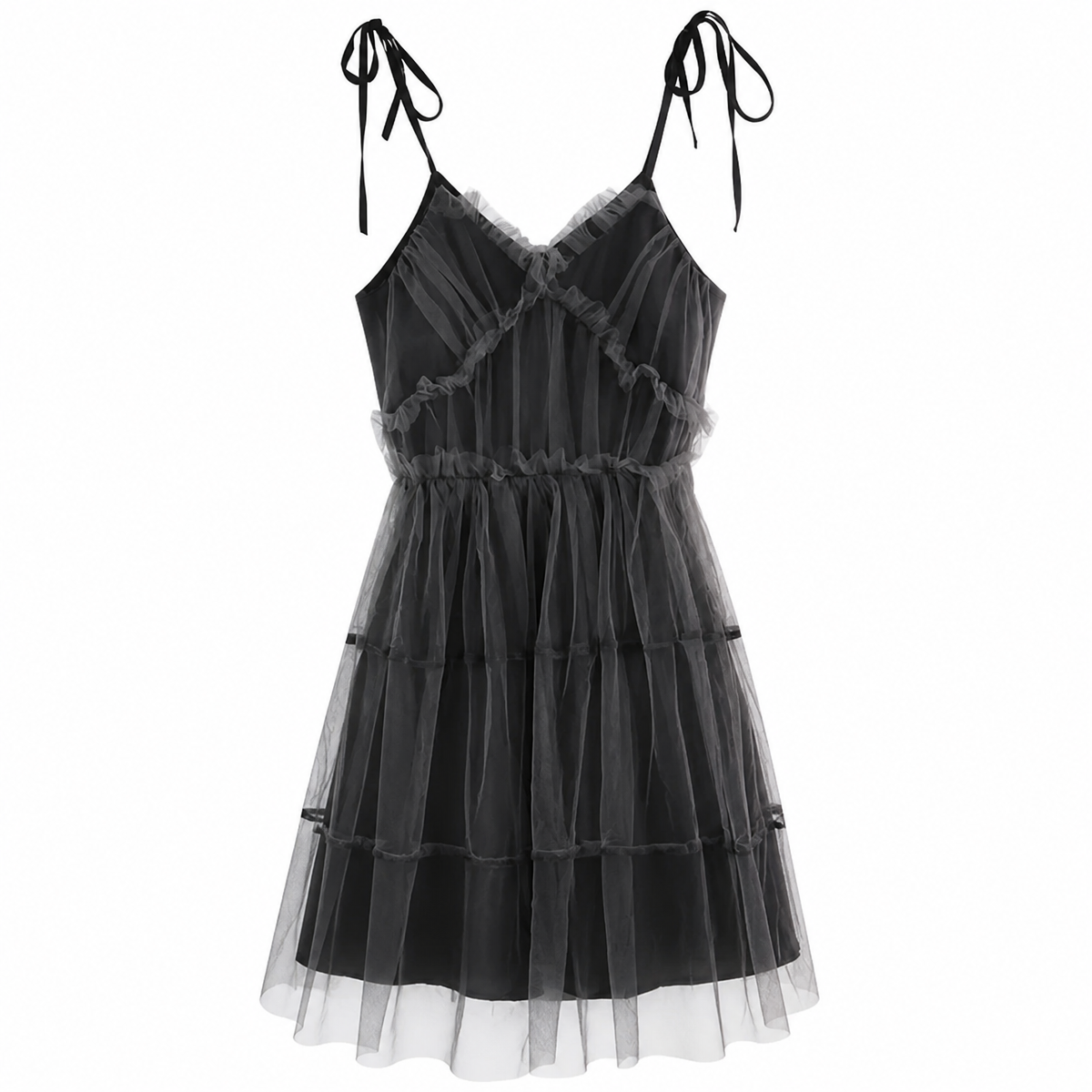 Grunge Black Lace-Trimmed Mesh Camisole Dress