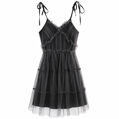 Grunge Black Lace-Trimmed Mesh Camisole Dress