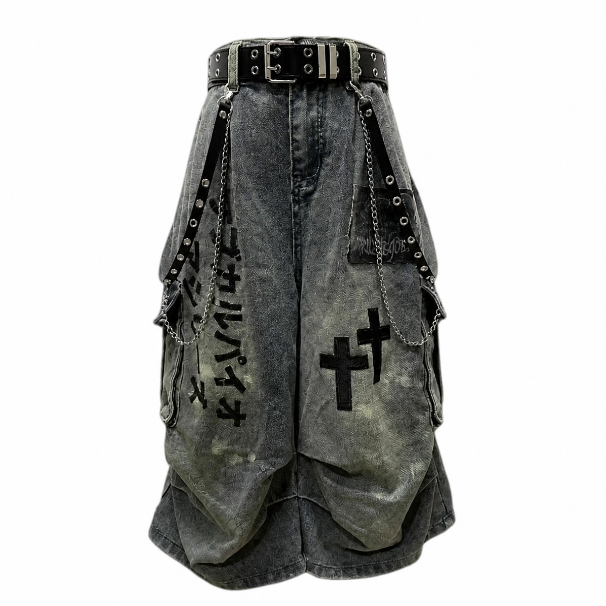 Grunge Cross-Print Loose Denim Shorts