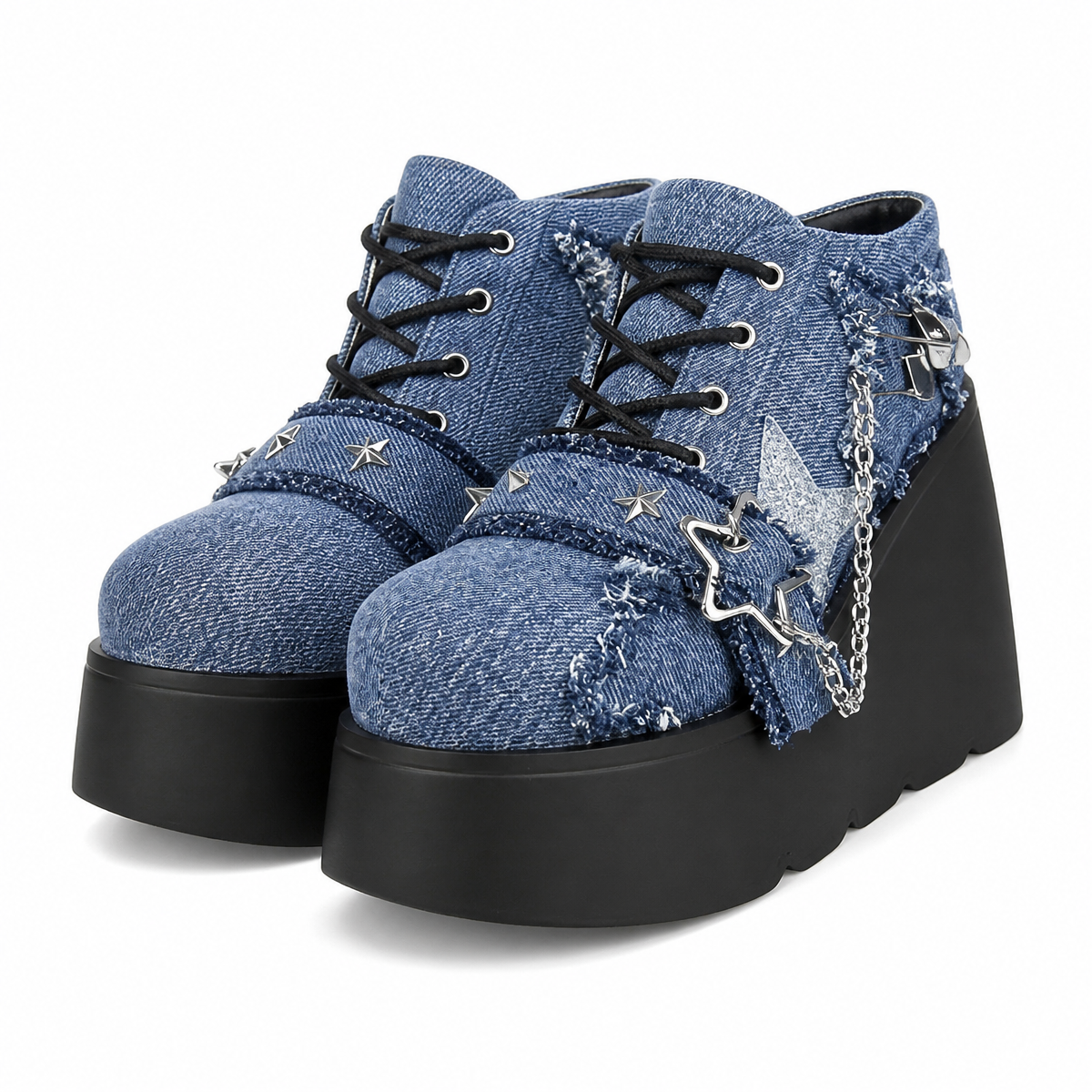 Grunge Star-Detail Platform Ankle Boots with Chain
